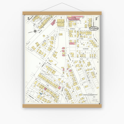 Old map wall art mockup — magnetic wood frame on white wall — Sanborn Fire Insurance Map from East Liverpool, Columbiana County, Ohio (1923), Sheet #0005