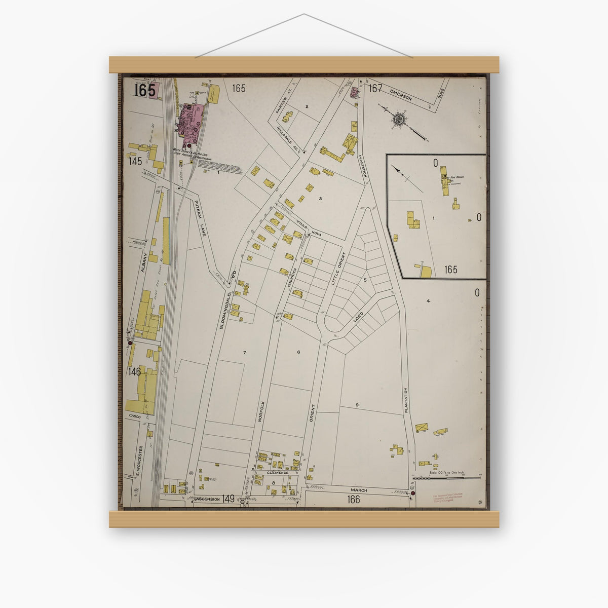 Old map wall art mockup — magnetic wood frame on white wall — Sanborn Fire Insurance Map from Worcester, Worcester County, Massachusetts (1910), Sheet #0165