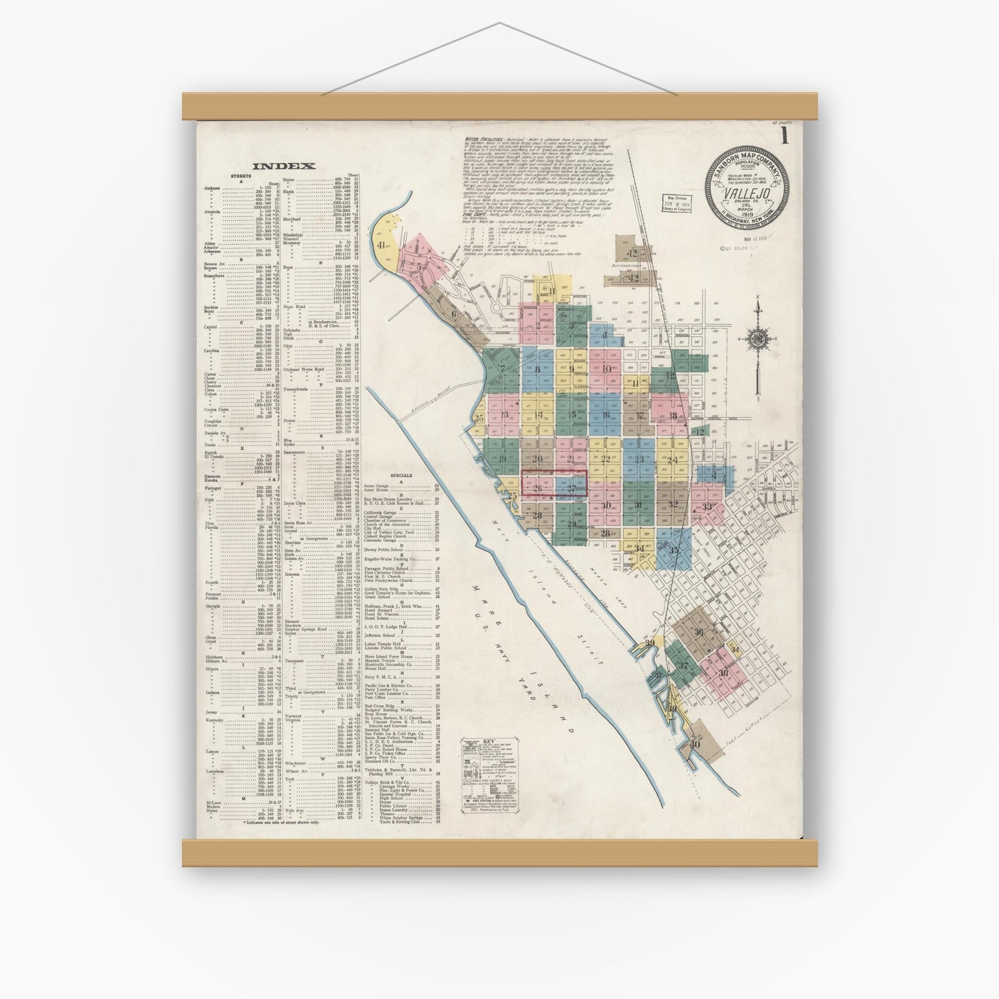 Old map wall art mockup — magnetic wood frame on white wall — Sanborn Fire Insurance Map from Vallejo, Solano County, California (1919) - Complete Map Set