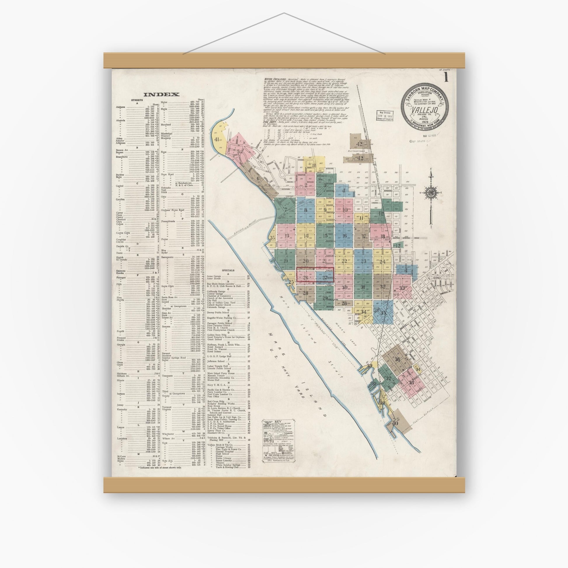 Old map wall art mockup — magnetic wood frame on white wall — Sanborn Fire Insurance Map from Vallejo, Solano County, California (1919) - Complete Map Set