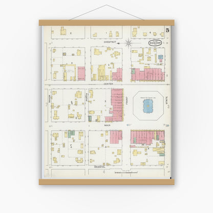 Old map wall art mockup — magnetic wood frame on white wall — Sanborn Fire Insurance Map from Bonham, Fannin County, Texas (1892), Sheet #0005