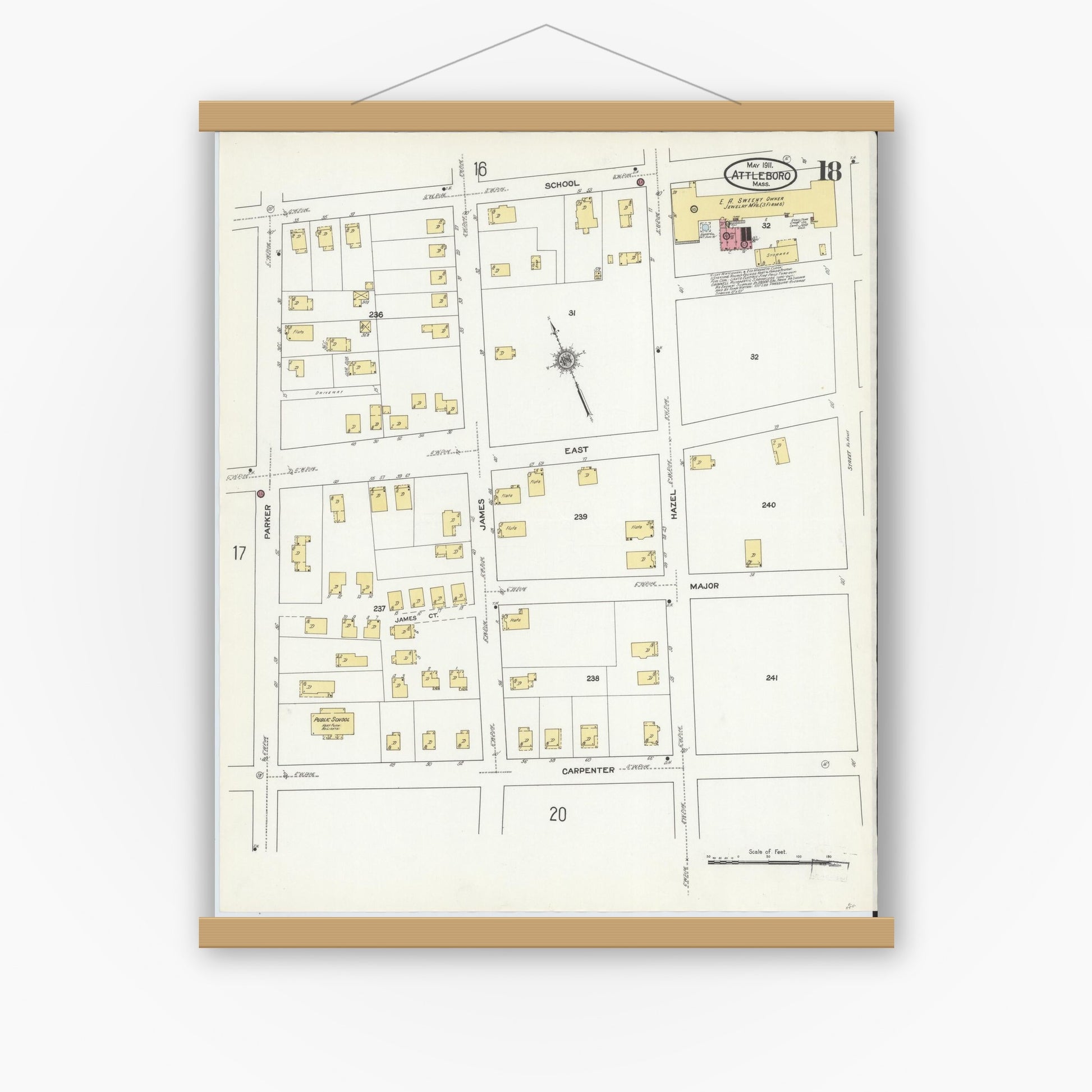Old map wall art mockup — magnetic wood frame on white wall — Sanborn Fire Insurance Map from Attleboro, Bristol County, Massachusetts (1911), Sheet #0018