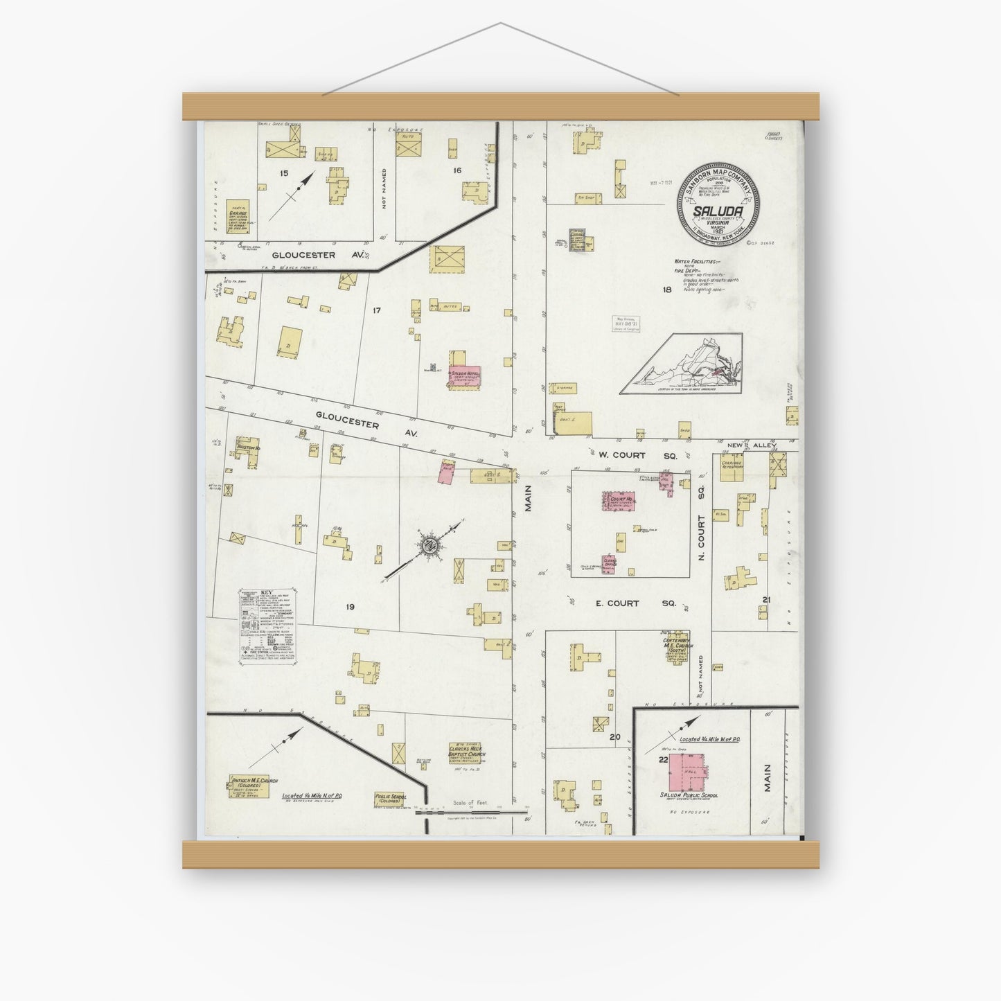 Old map wall art mockup — magnetic wood frame on white wall — Sanborn Fire Insurance Map from Saluda, Middlesex County, Virginia (1921), Sheet #0001