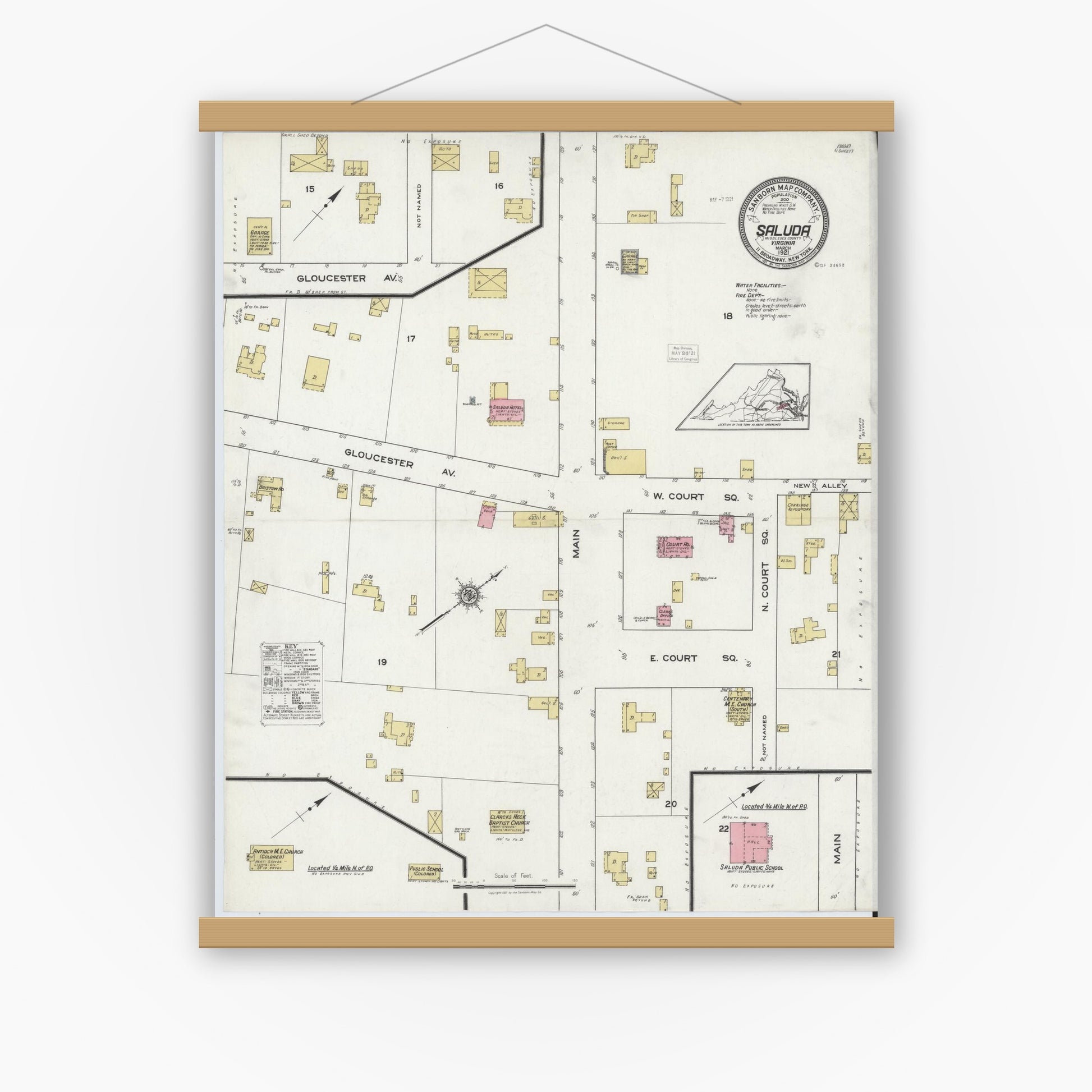 Old map wall art mockup — magnetic wood frame on white wall — Sanborn Fire Insurance Map from Saluda, Middlesex County, Virginia (1921), Sheet #0001