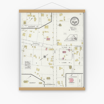 Old map wall art mockup — magnetic wood frame on white wall — Sanborn Fire Insurance Map from Saluda, Middlesex County, Virginia (1921), Sheet #0001