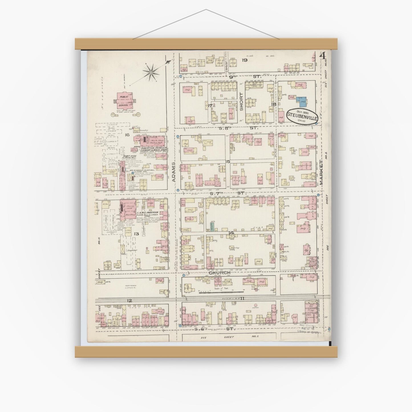 Old map wall art mockup — magnetic wood frame on white wall — Sanborn Fire Insurance Map from Steubenville, Jefferson County, Ohio (1885), Sheet #0004