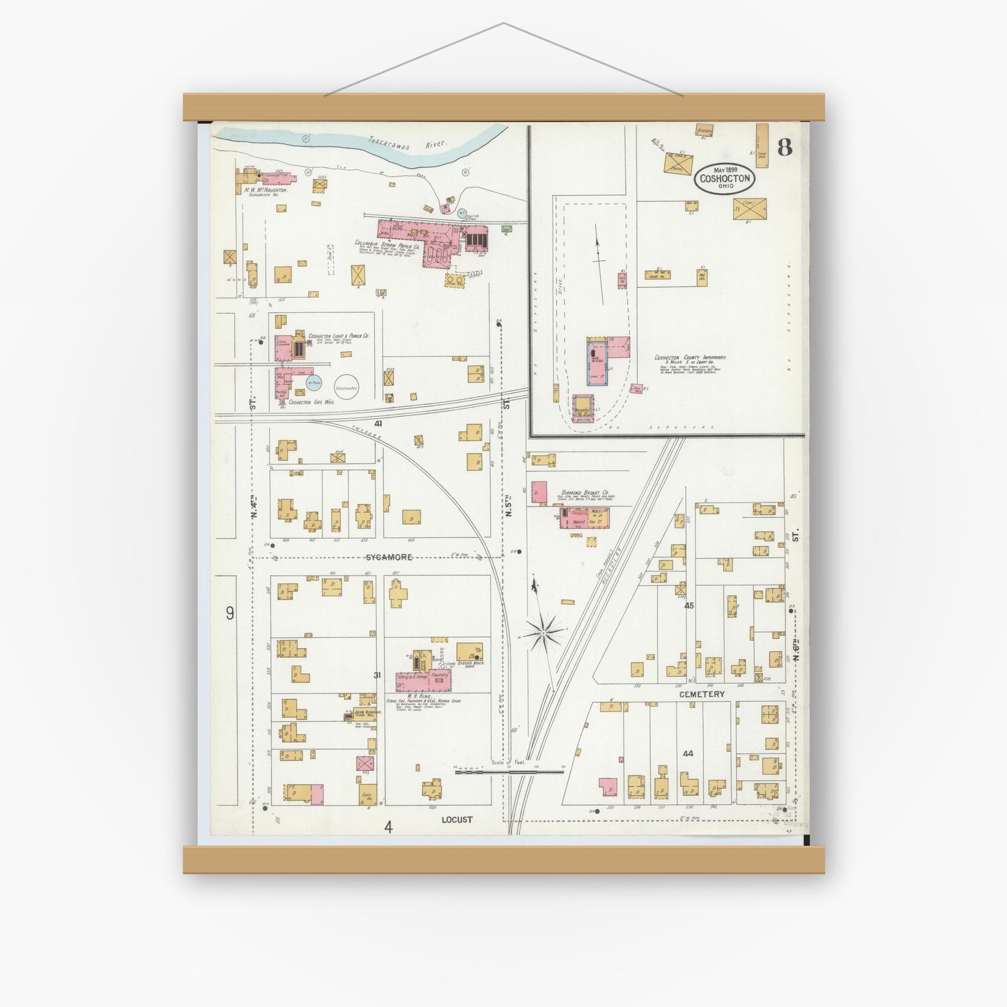 Old map wall art mockup — magnetic wood frame on white wall — Sanborn Fire Insurance Map from Coshocton, Coshocton County, Ohio (1899), Sheet #0008