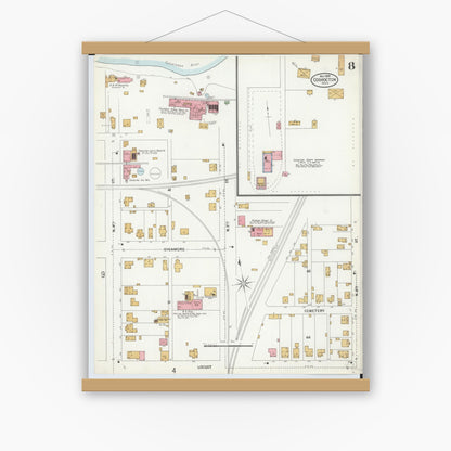 Old map wall art mockup — magnetic wood frame on white wall — Sanborn Fire Insurance Map from Coshocton, Coshocton County, Ohio (1899), Sheet #0008