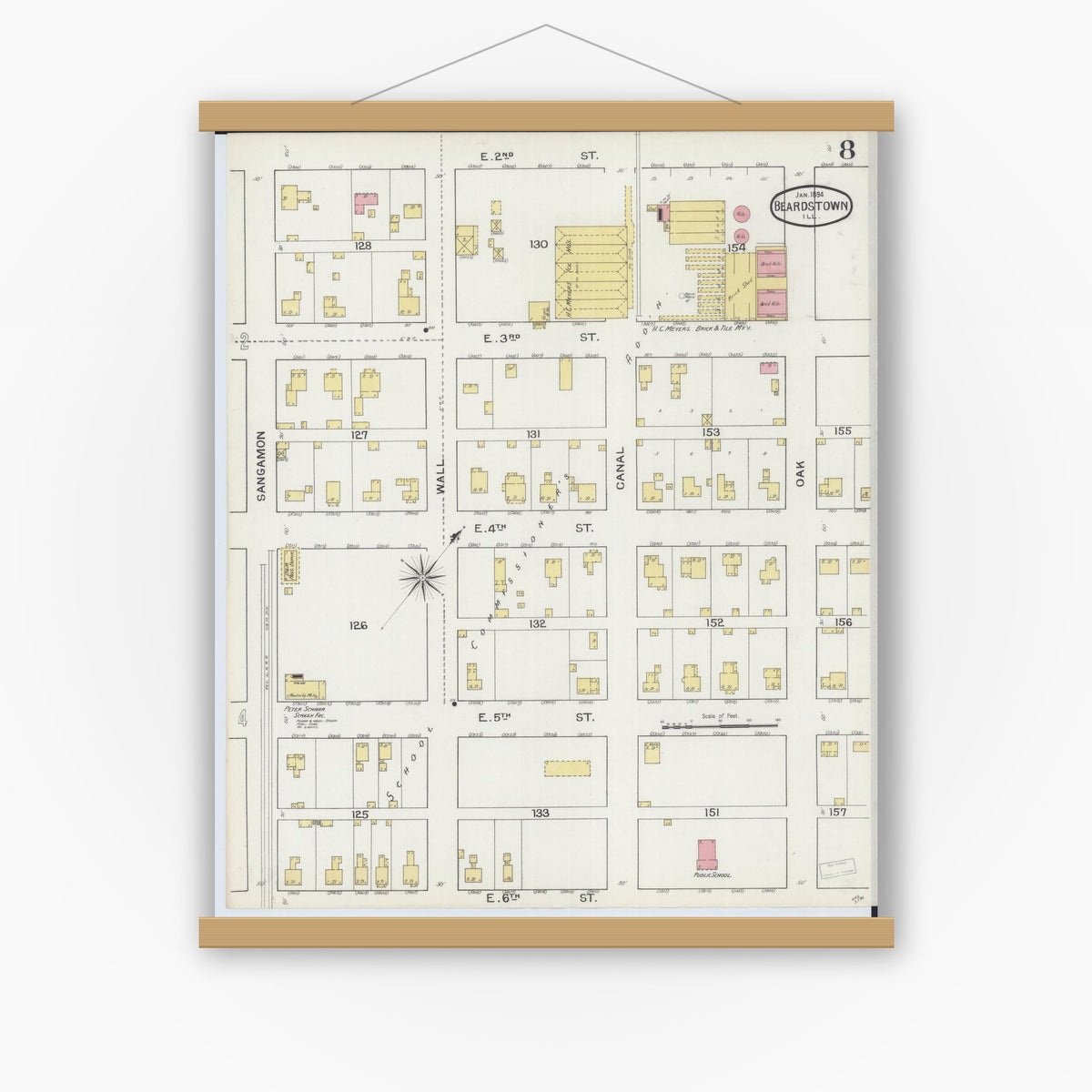Old map wall art mockup — magnetic wood frame on white wall — Sanborn Fire Insurance Map from Beardstown, Cass County, Illinois (1894), Sheet #0008