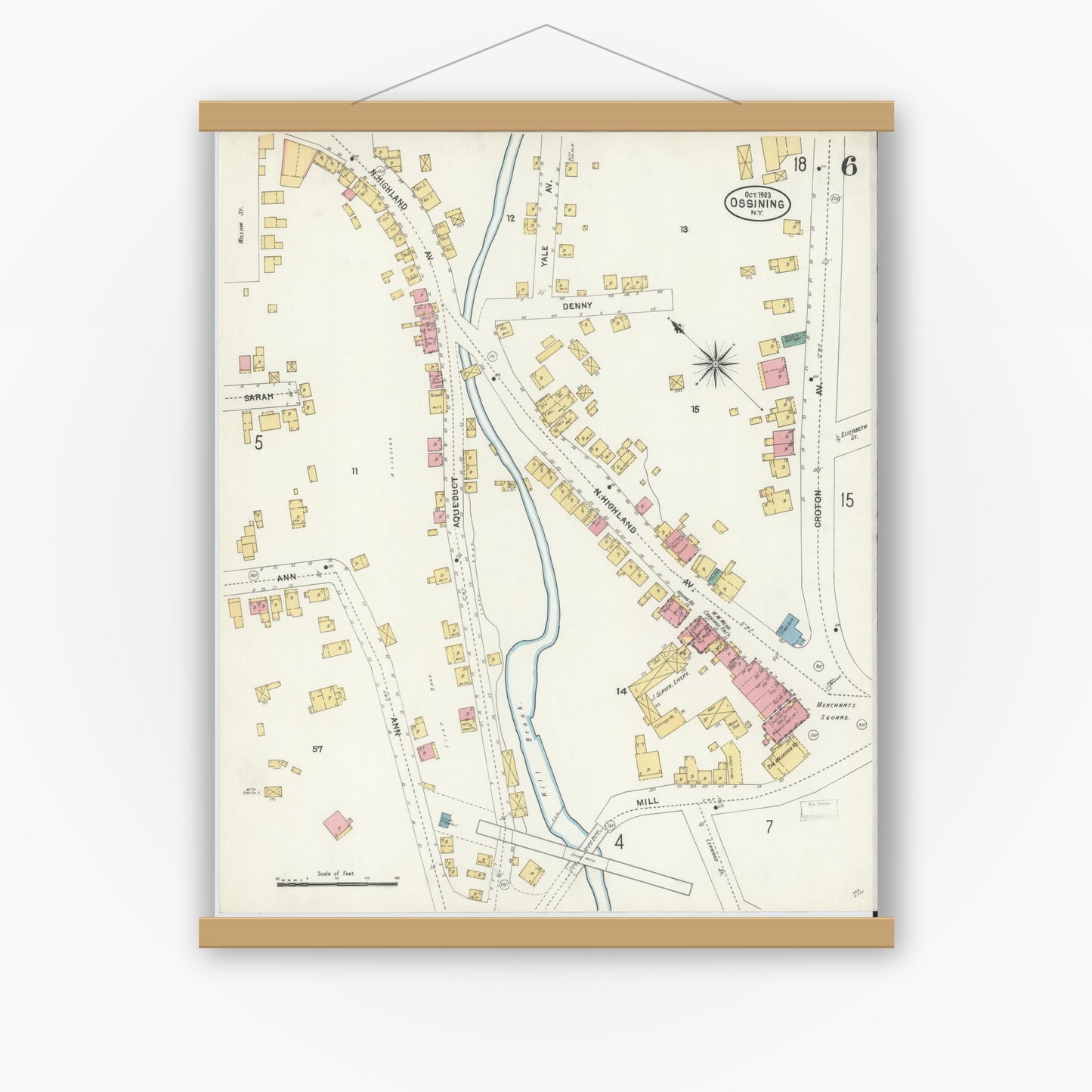 Old map wall art mockup — magnetic wood frame on white wall — Sanborn Fire Insurance Map from Ossining, Westchester County, New York (1903), Sheet #0006