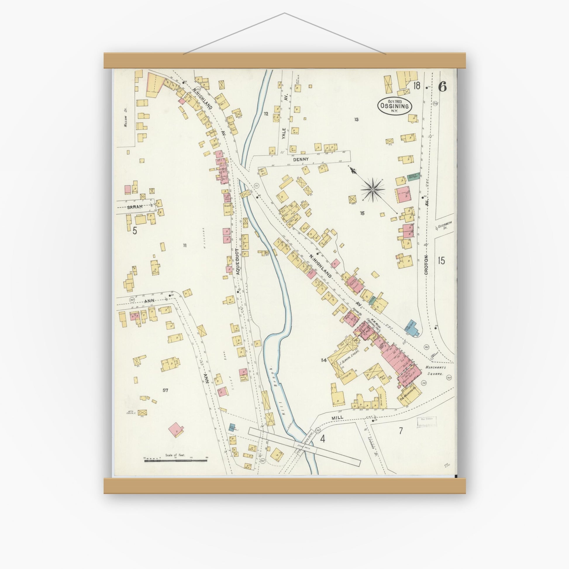 Old map wall art mockup — magnetic wood frame on white wall — Sanborn Fire Insurance Map from Ossining, Westchester County, New York (1903), Sheet #0006