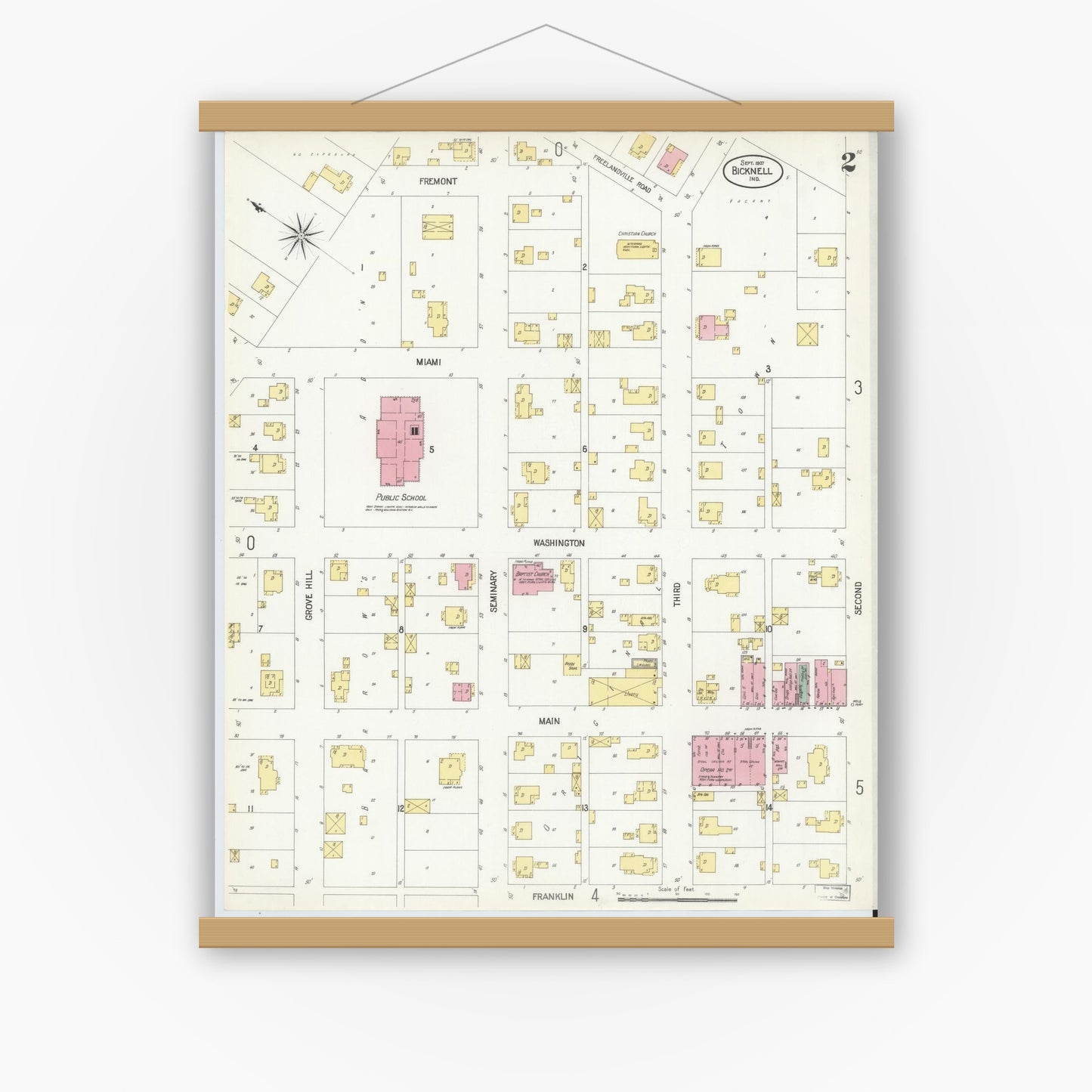 Old map wall art mockup — magnetic wood frame on white wall — Sanborn Fire Insurance Map from Bicknell, Knox County, Indiana (1907), Sheet #0002
