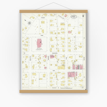 Old map wall art mockup — magnetic wood frame on white wall — Sanborn Fire Insurance Map from Bicknell, Knox County, Indiana (1907), Sheet #0002