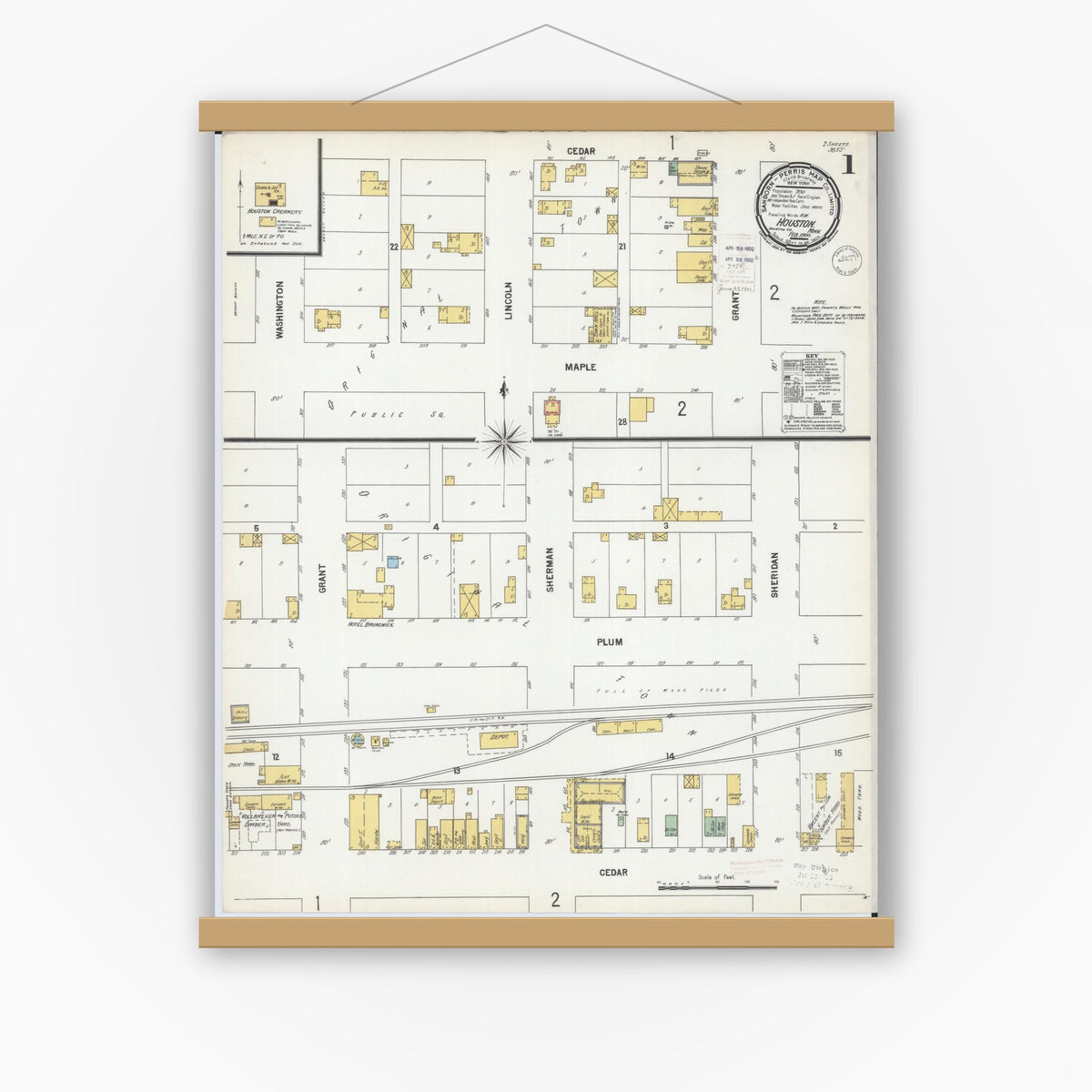 Old map wall art mockup — magnetic wood frame on white wall — Sanborn Fire Insurance Map from Houston, Houston County, Minnesota (1900), Sheet #0001