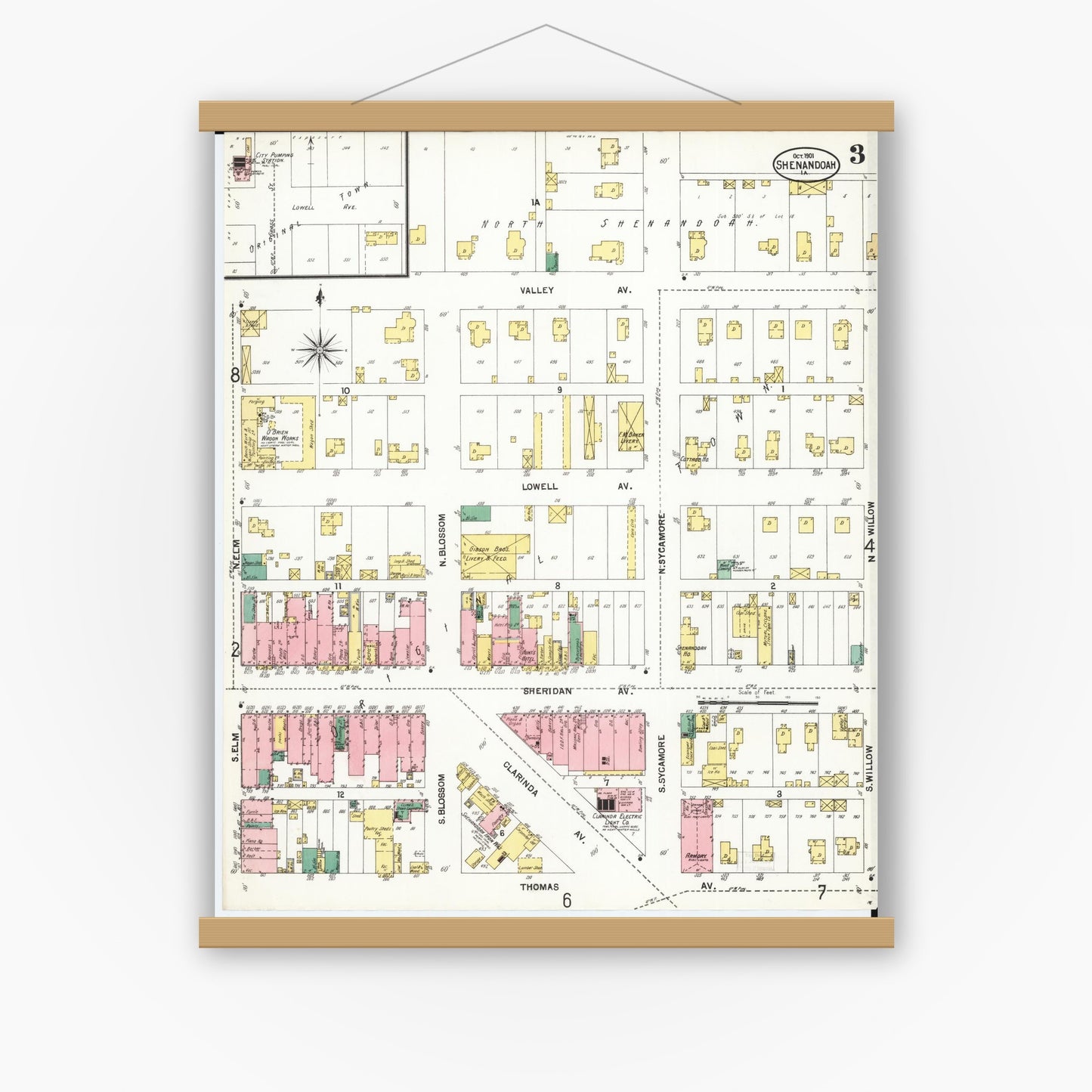 Old map wall art mockup — magnetic wood frame on white wall — Sanborn Fire Insurance Map from Shenandoah, Page County, Iowa (1901), Sheet #0003