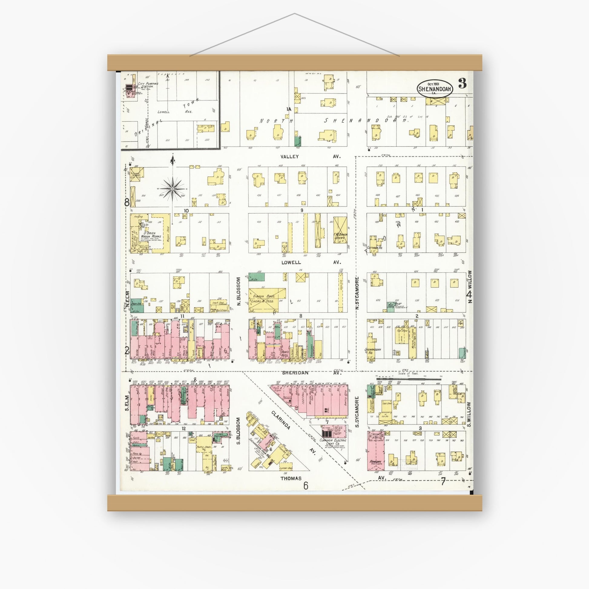 Old map wall art mockup — magnetic wood frame on white wall — Sanborn Fire Insurance Map from Shenandoah, Page County, Iowa (1901), Sheet #0003