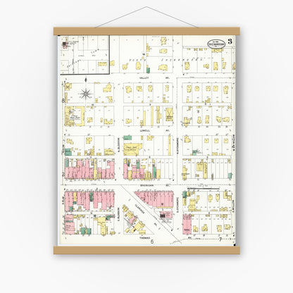 Old map wall art mockup — magnetic wood frame on white wall — Sanborn Fire Insurance Map from Shenandoah, Page County, Iowa (1901), Sheet #0003