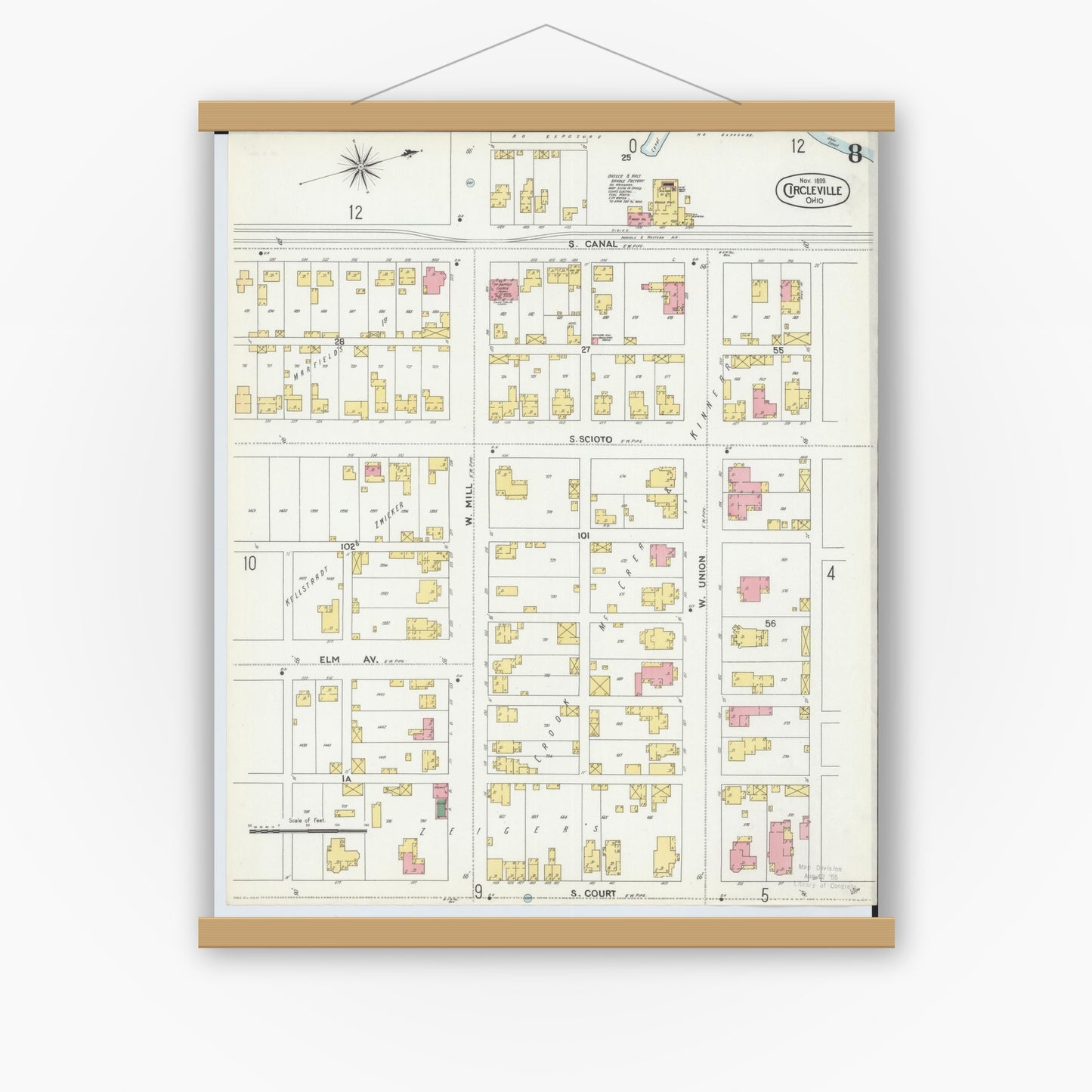 Old map wall art mockup — magnetic wood frame on white wall — Sanborn Fire Insurance Map from Circleville, Pickaway County, Ohio (1899), Sheet #0008