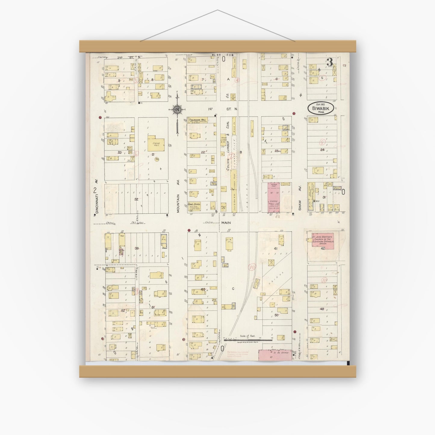 Old map wall art mockup — magnetic wood frame on white wall — Sanborn Fire Insurance Map from Biwabik, Saint Louis County, Minnesota (1936), Sheet #0003