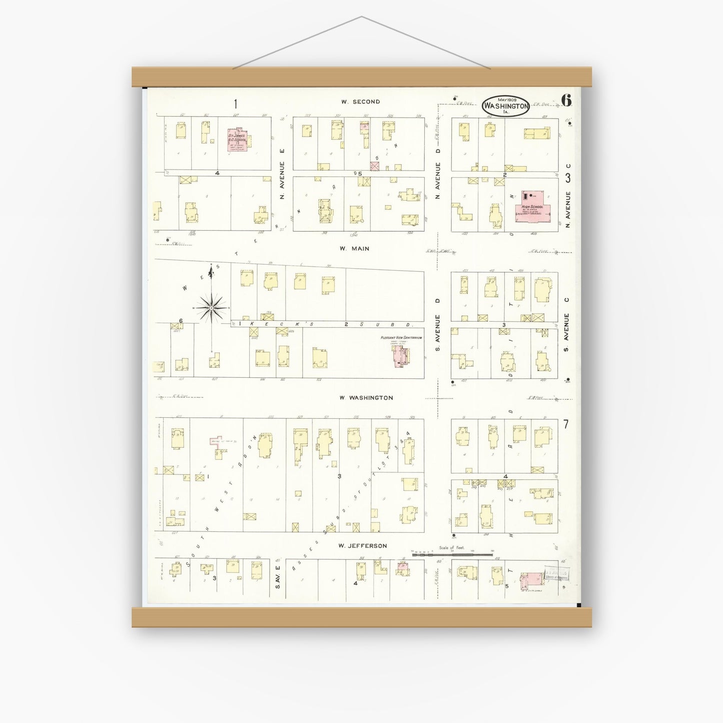 Old map wall art mockup — magnetic wood frame on white wall — Sanborn Fire Insurance Map from Washington, Washington County, Iowa (1909), Sheet #0006