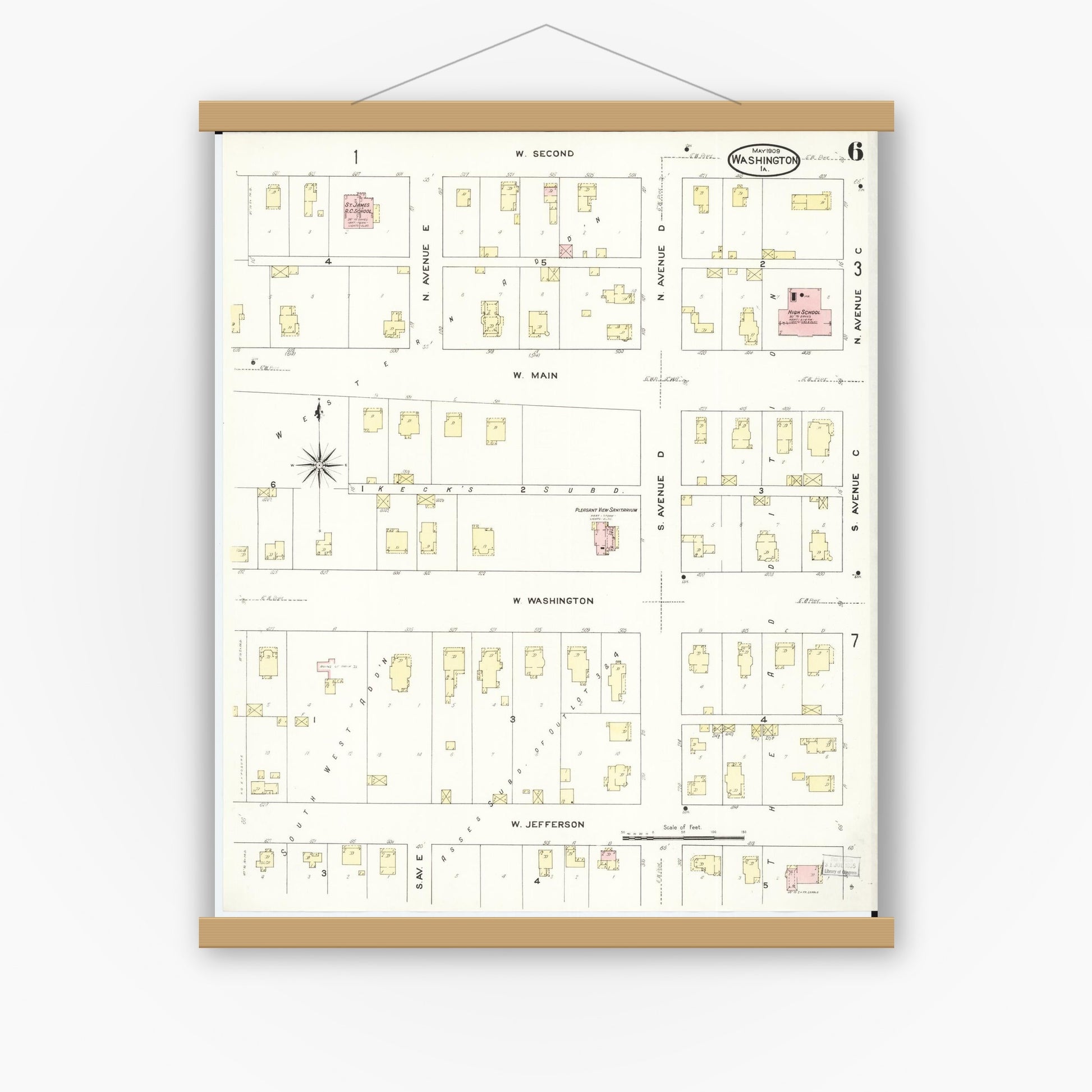 Old map wall art mockup — magnetic wood frame on white wall — Sanborn Fire Insurance Map from Washington, Washington County, Iowa (1909), Sheet #0006