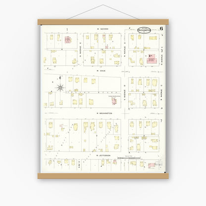 Old map wall art mockup — magnetic wood frame on white wall — Sanborn Fire Insurance Map from Washington, Washington County, Iowa (1909), Sheet #0006