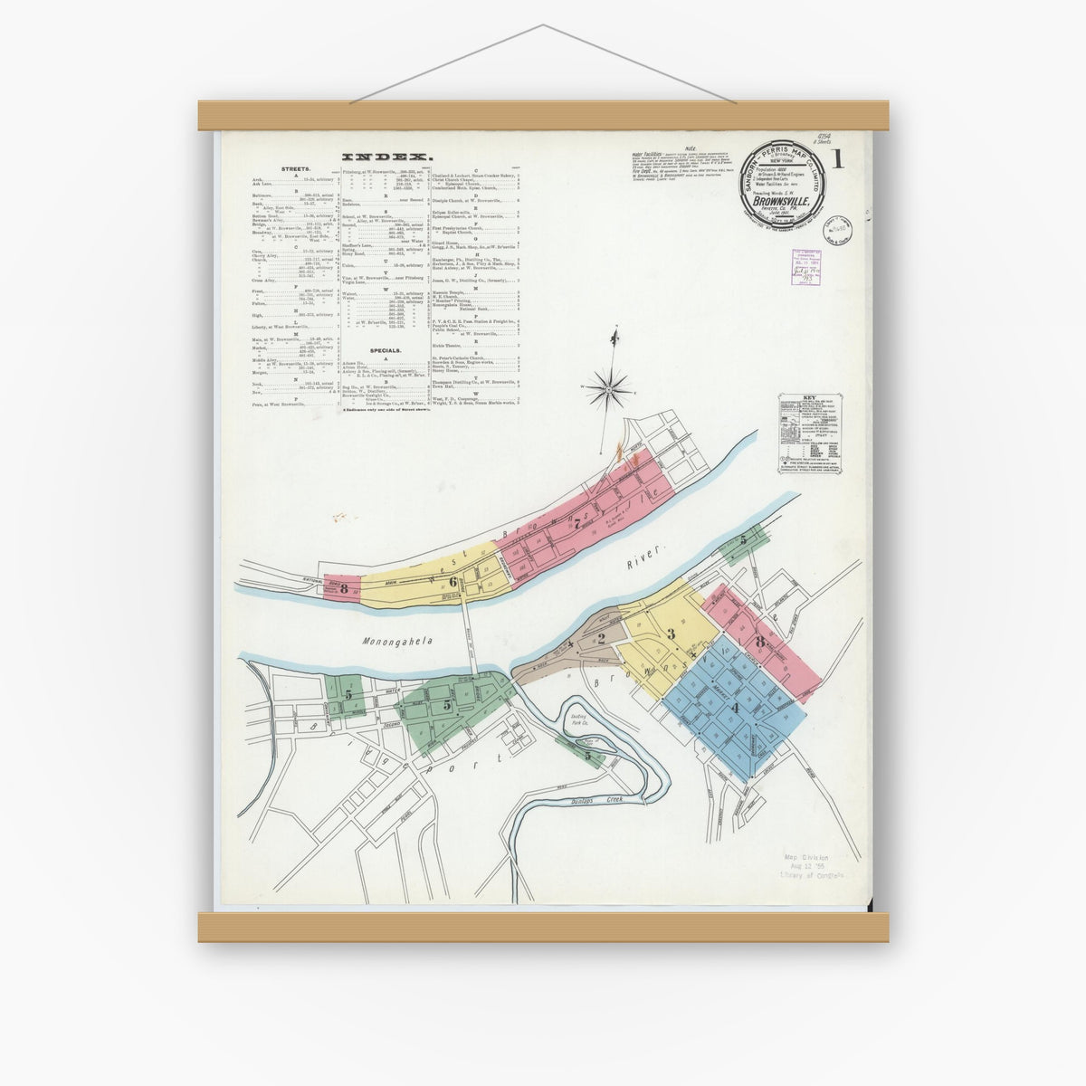 Old map wall art mockup — magnetic wood frame on white wall — Sanborn Fire Insurance Map from Brownsville, Fayette County, Pennsylvania (1901) - Complete Map Set