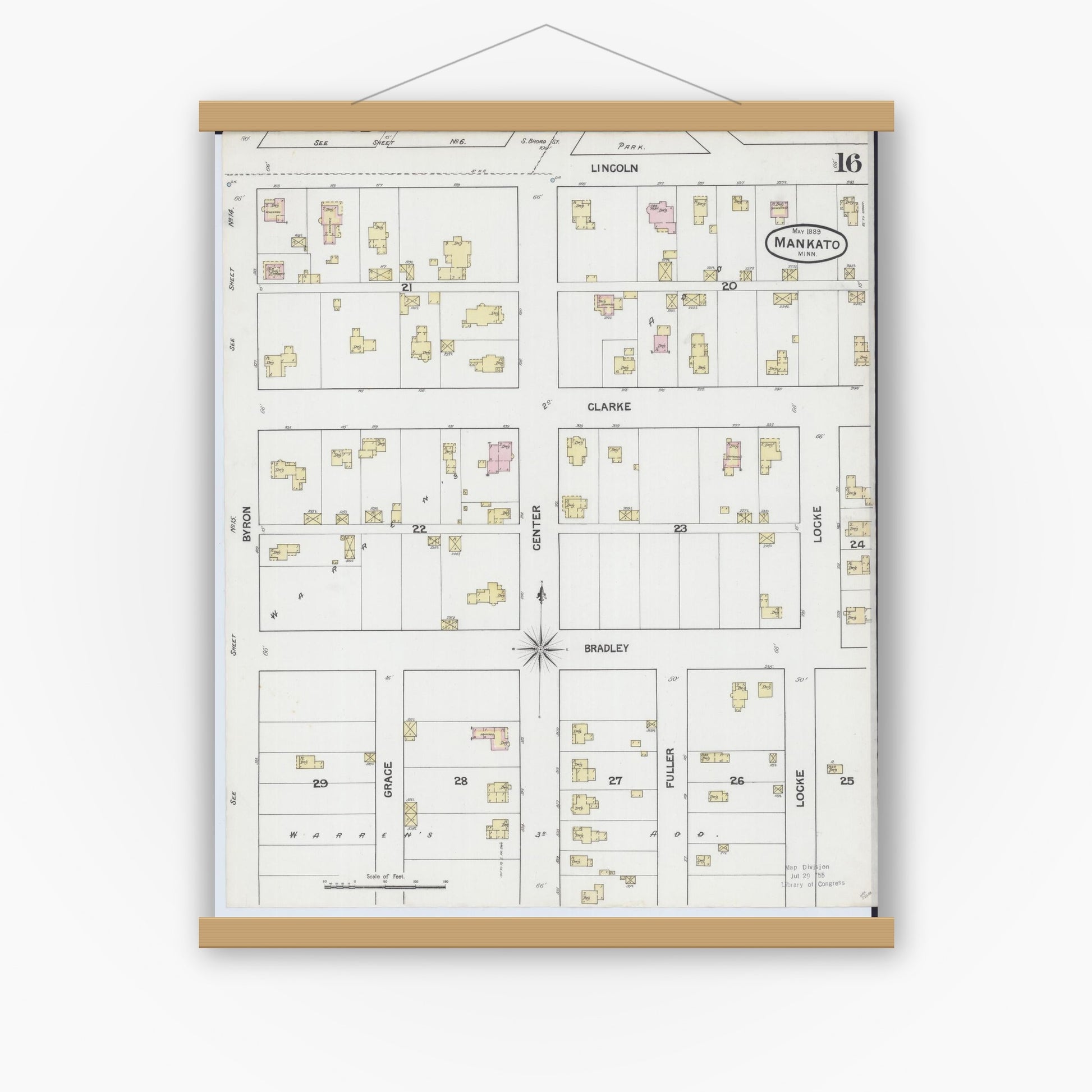 Old map wall art mockup — magnetic wood frame on white wall — Sanborn Fire Insurance Map from Mankato, Blue Earth County, Minnesota (1889), Sheet #0016