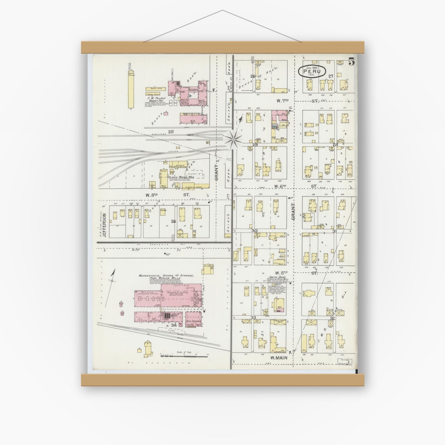 Old map wall art mockup — magnetic wood frame on white wall — Sanborn Fire Insurance Map from Peru, Miami County, Indiana (1893), Sheet #0005