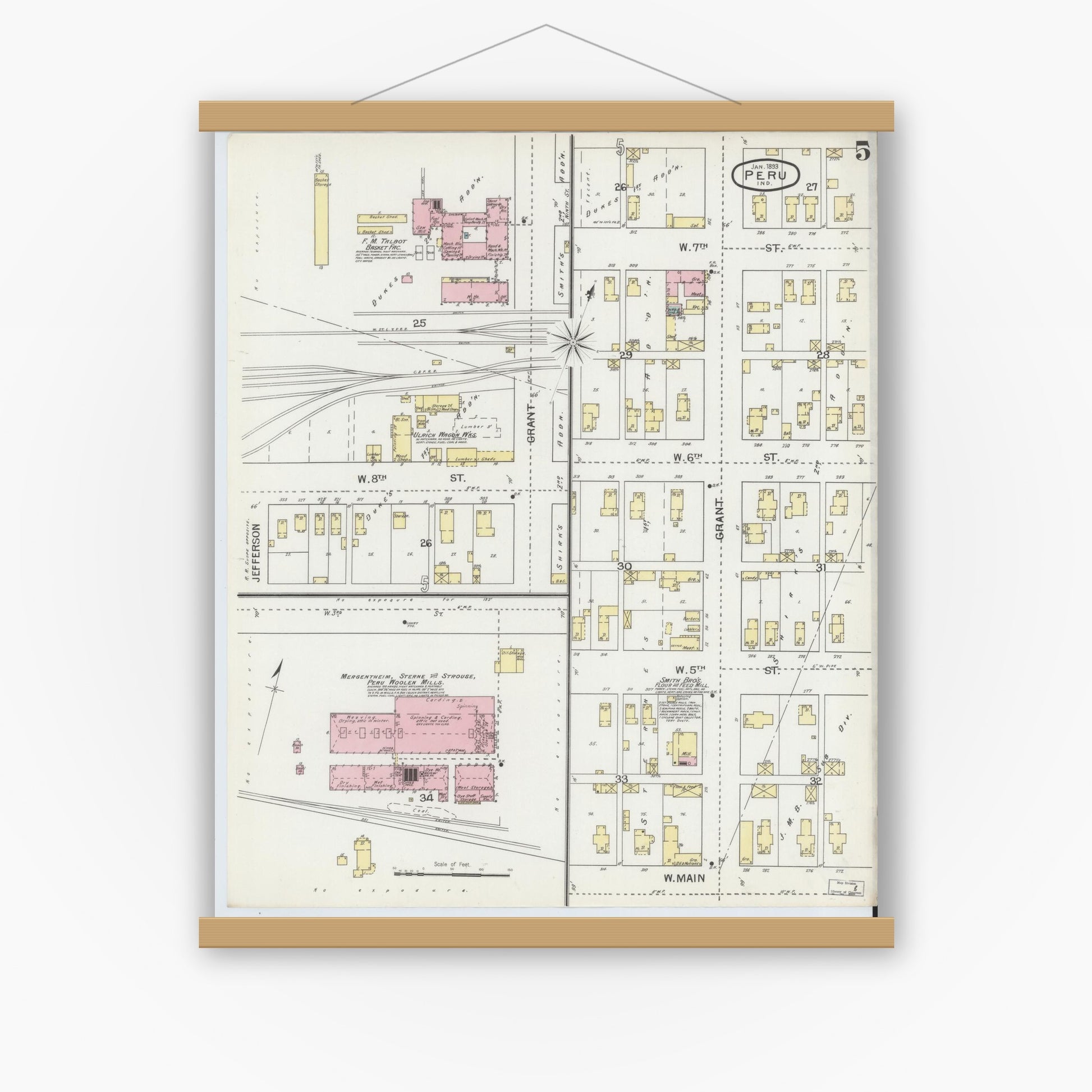 Old map wall art mockup — magnetic wood frame on white wall — Sanborn Fire Insurance Map from Peru, Miami County, Indiana (1893), Sheet #0005