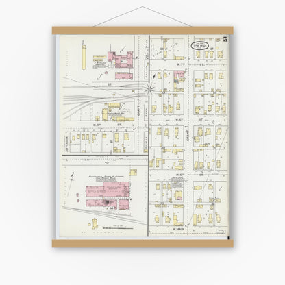 Old map wall art mockup — magnetic wood frame on white wall — Sanborn Fire Insurance Map from Peru, Miami County, Indiana (1893), Sheet #0005