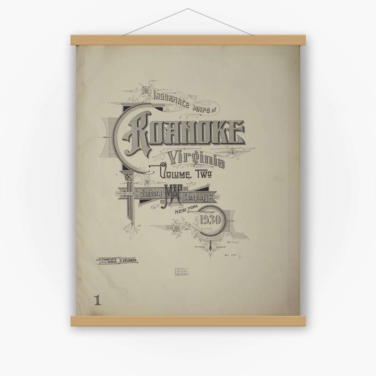 Old map wall art mockup — magnetic wood frame on white wall — Sanborn Fire Insurance Map from Roanoke, Independent Cities, Virginia (1930), Sheet #0001