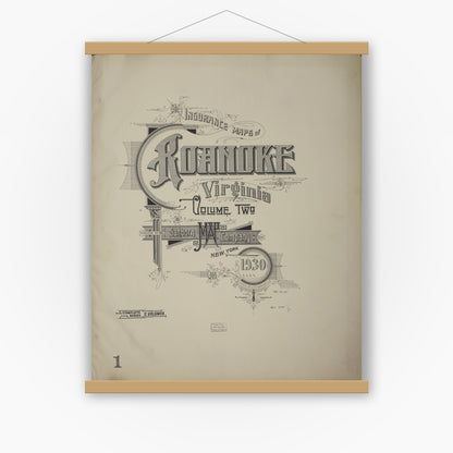 Old map wall art mockup — magnetic wood frame on white wall — Sanborn Fire Insurance Map from Roanoke, Independent Cities, Virginia (1930), Sheet #0001