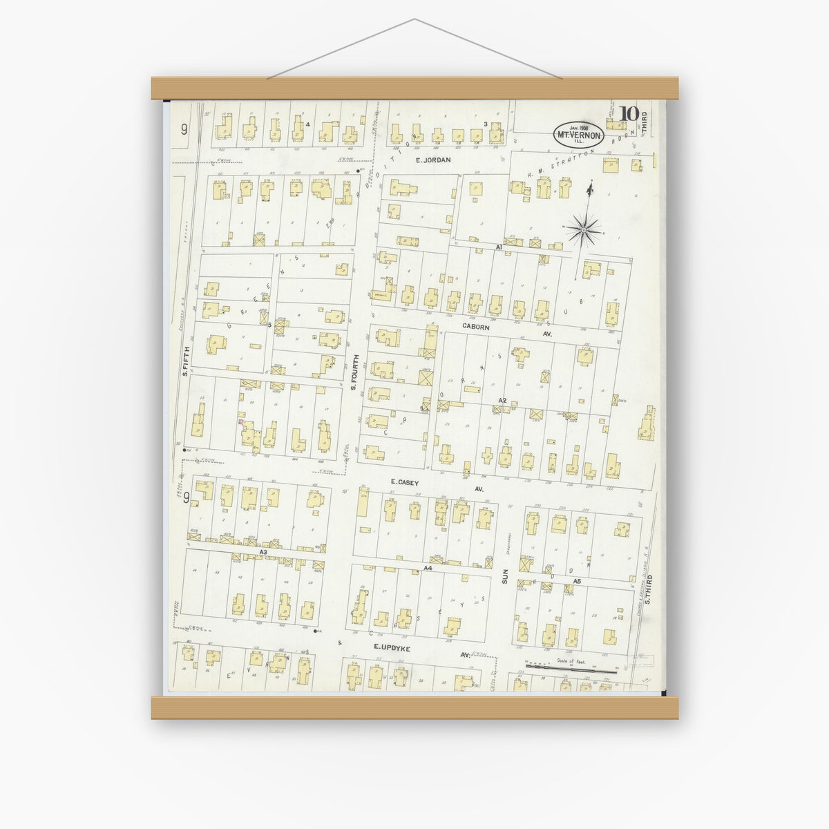 Old map wall art mockup — magnetic wood frame on white wall — Sanborn Fire Insurance Map from Mount Vernon, Jefferson County, Illinois (1908), Sheet #0010