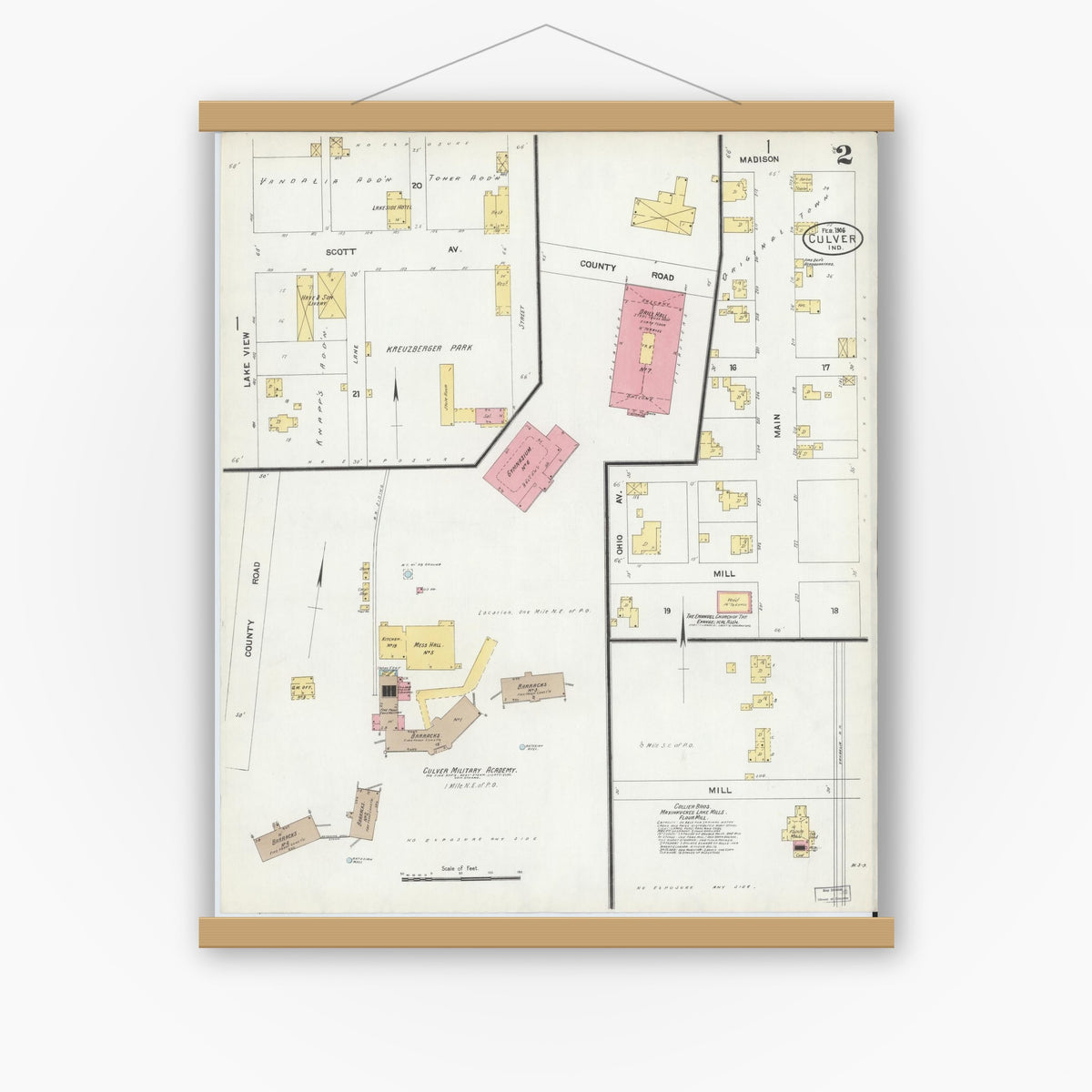 Old map wall art mockup — magnetic wood frame on white wall — Sanborn Fire Insurance Map from Culver, Marshall County, Indiana (1906), Sheet #0002