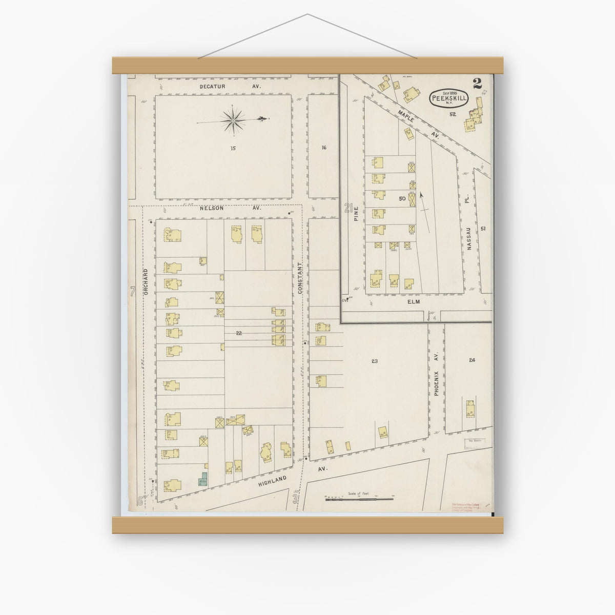 Old map wall art mockup — magnetic wood frame on white wall — Sanborn Fire Insurance Map from Peekskill, Westchester County, New York (1895), Sheet #0002