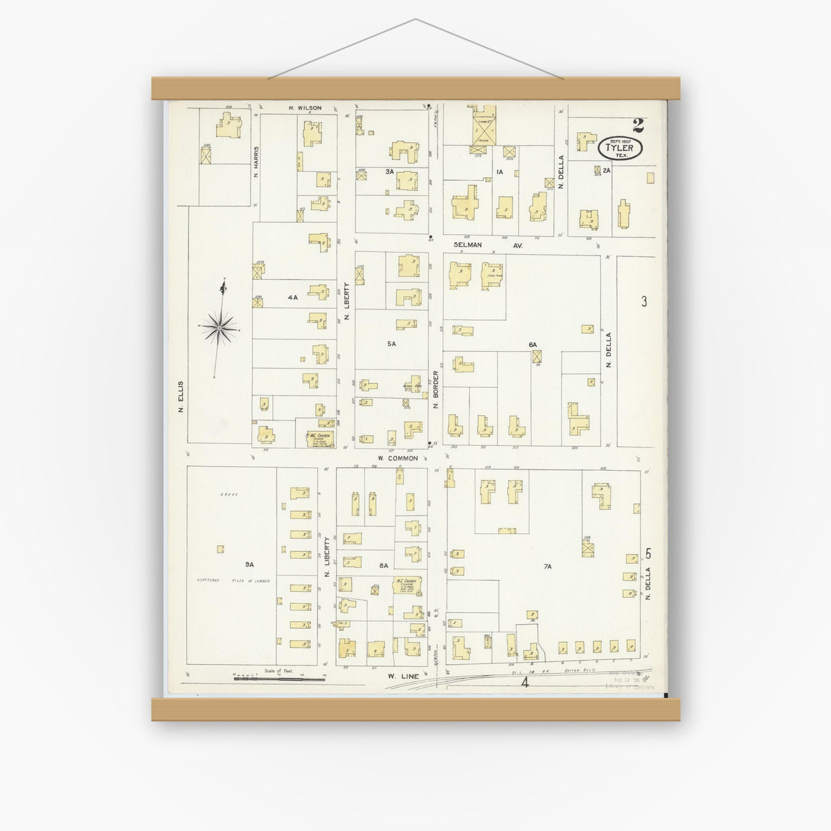 Old map wall art mockup — magnetic wood frame on white wall — Sanborn Fire Insurance Map from Tyler, Smith County, Texas (1907), Sheet #0002