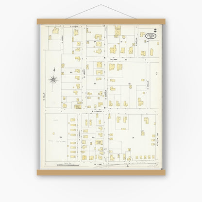 Old map wall art mockup — magnetic wood frame on white wall — Sanborn Fire Insurance Map from Tyler, Smith County, Texas (1907), Sheet #0002