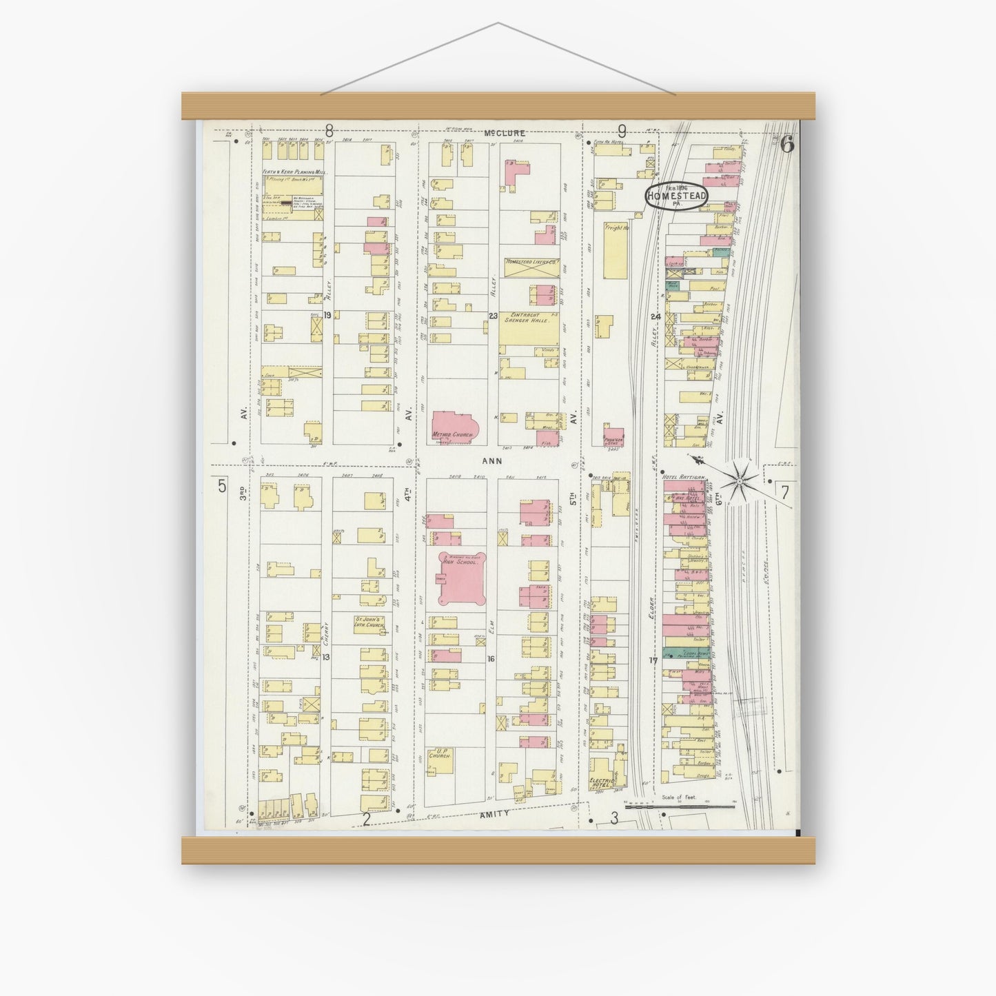Old map wall art mockup — magnetic wood frame on white wall — Sanborn Fire Insurance Map from Homestead, Allegheny County, Pennsylvania (1896), Sheet #0006
