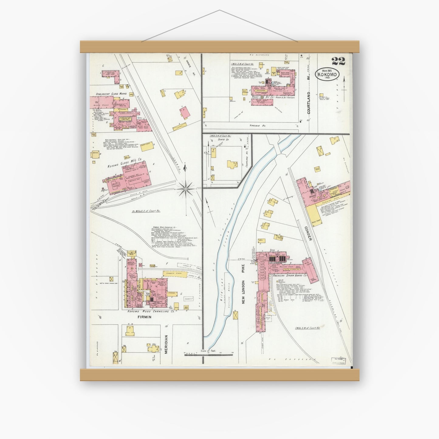 Old map wall art mockup — magnetic wood frame on white wall — Sanborn Fire Insurance Map from Kokomo, Howard County, Indiana (1902), Sheet #0022