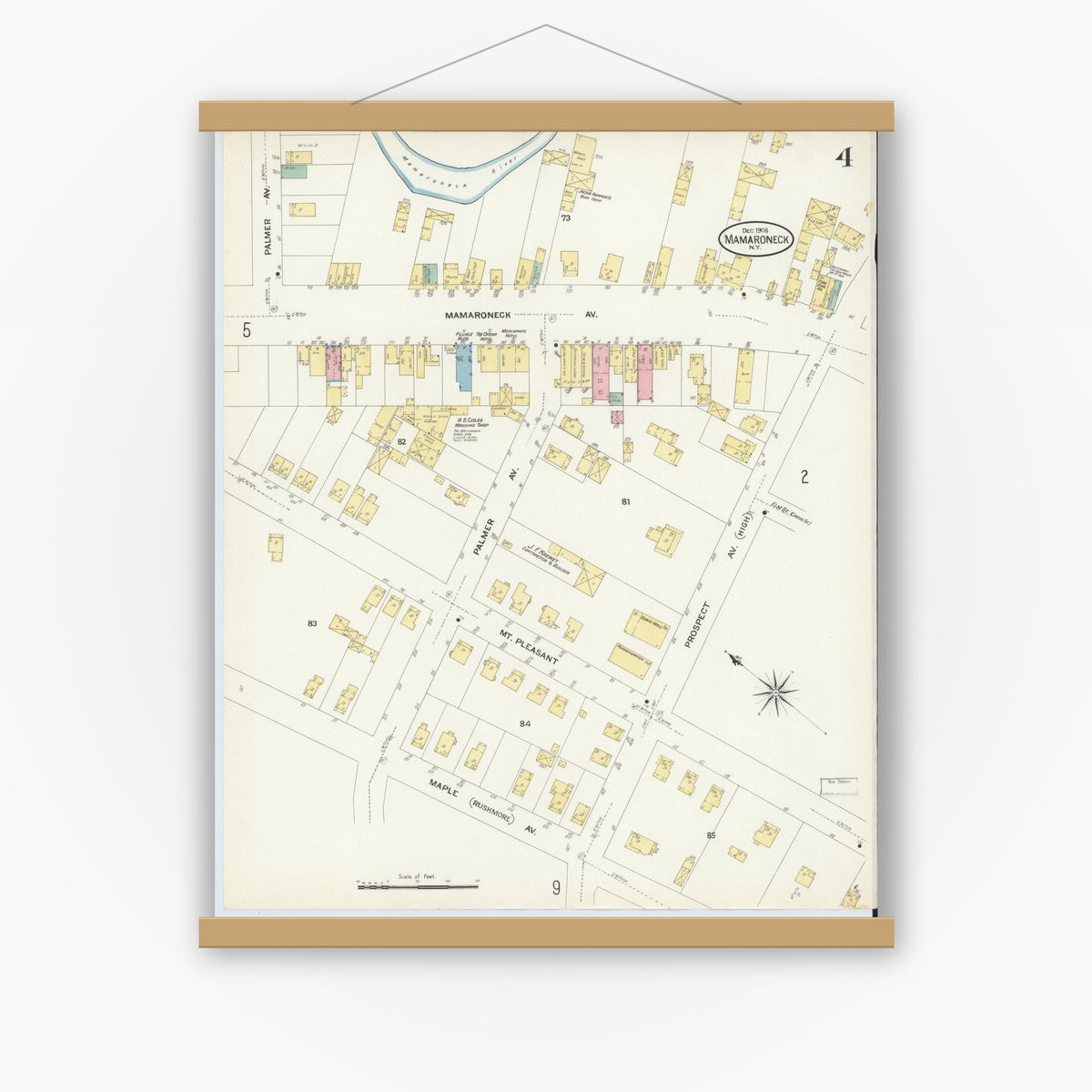 Old map wall art mockup — magnetic wood frame on white wall — Sanborn Fire Insurance Map from Mamaroneck, Westchester County, New York (1908), Sheet #0004
