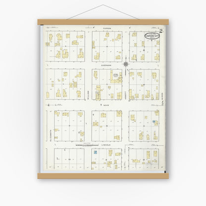 Old map wall art mockup — magnetic wood frame on white wall — Sanborn Fire Insurance Map from Carson City, Montcalm County, Michigan (1918), Sheet #0002