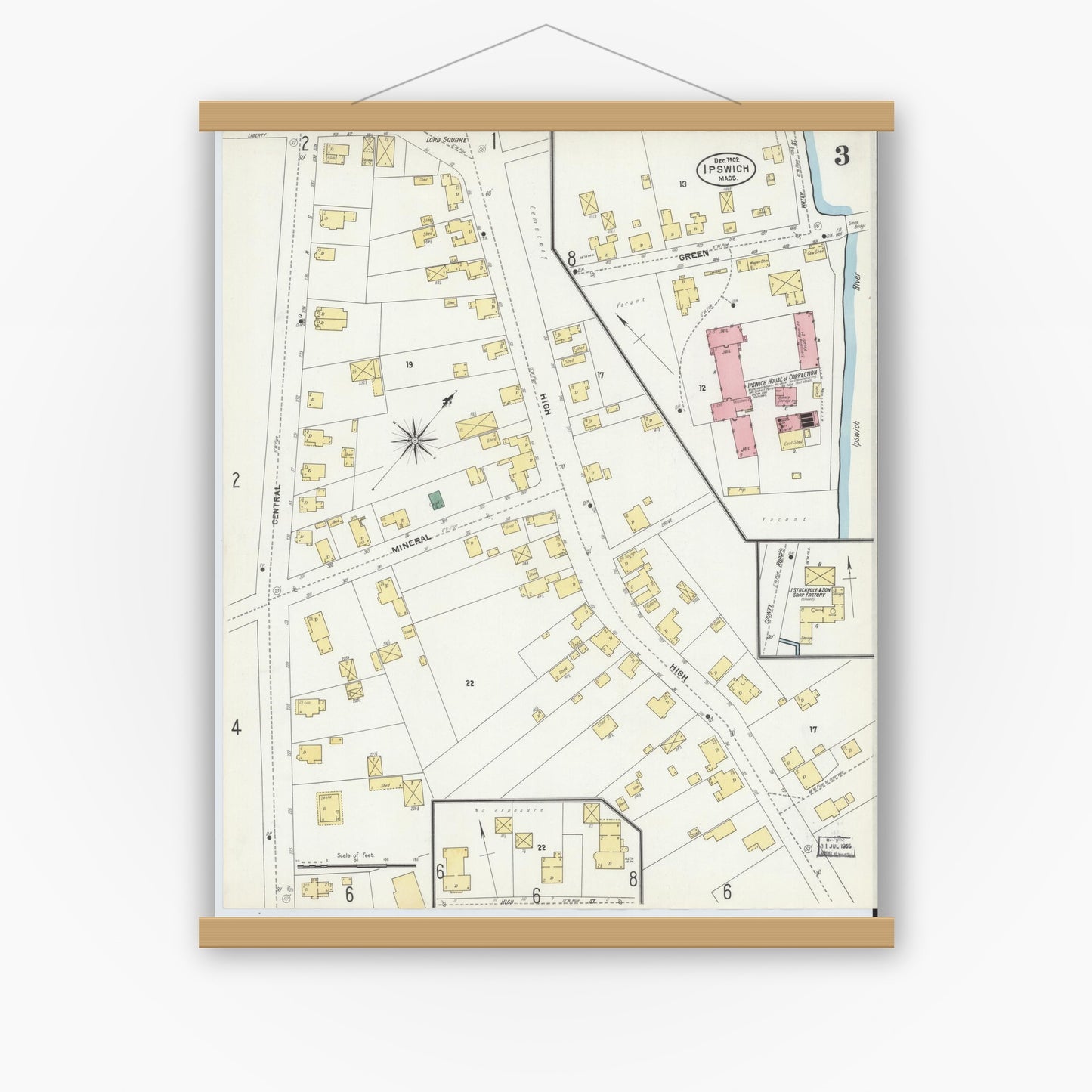 Old map wall art mockup — magnetic wood frame on white wall — Sanborn Fire Insurance Map from Ipswich, Essex County, Massachusetts (1902), Sheet #0003
