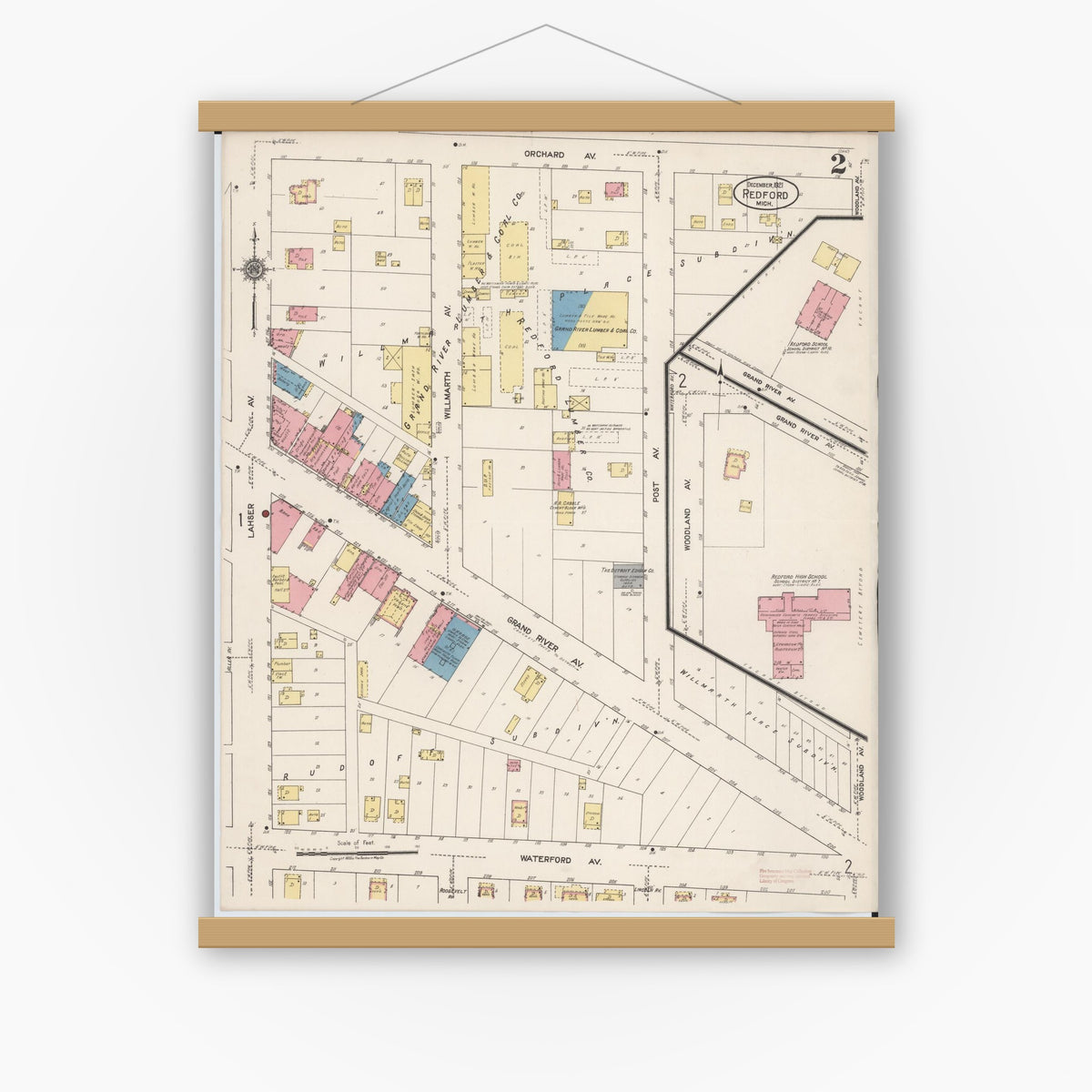 Old map wall art mockup — magnetic wood frame on white wall — Sanborn Fire Insurance Map from Redford, Wayne County, Michigan (1921), Sheet #0002