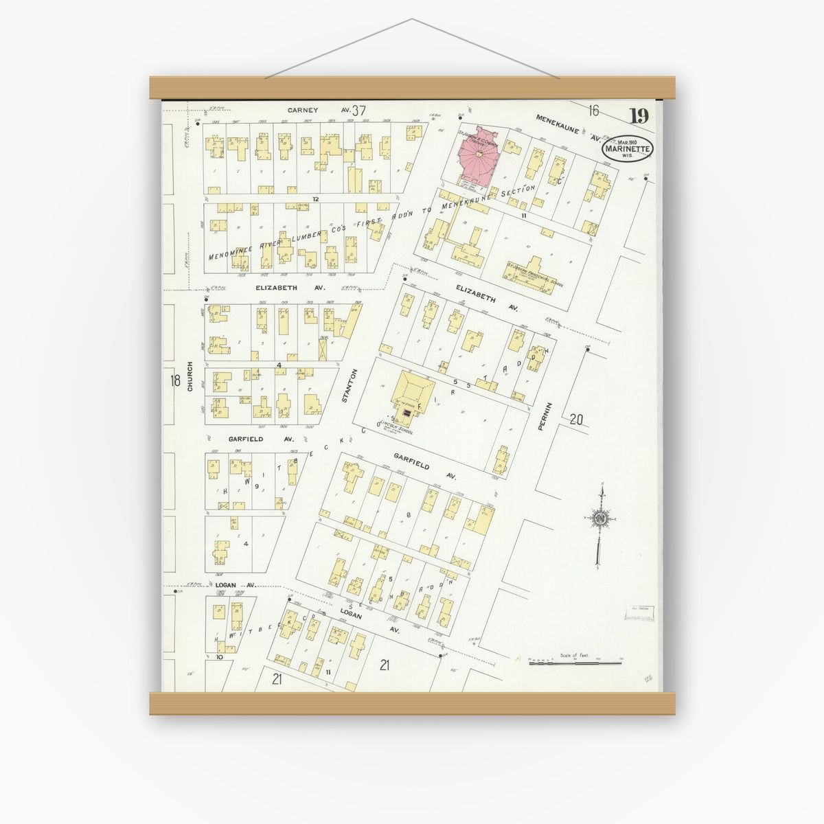 Old map wall art mockup — magnetic wood frame on white wall — Sanborn Fire Insurance Map from Marinette, Marinette County, Wisconsin (1910), Sheet #0019