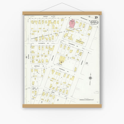 Old map wall art mockup — magnetic wood frame on white wall — Sanborn Fire Insurance Map from Marinette, Marinette County, Wisconsin (1910), Sheet #0019