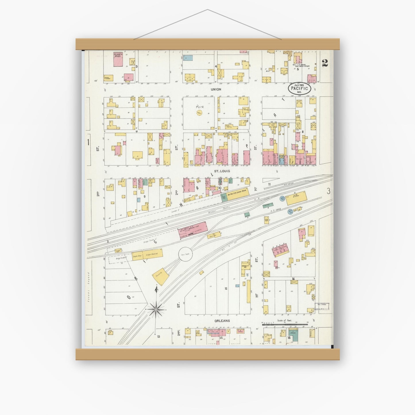 Old map wall art mockup — magnetic wood frame on white wall — Sanborn Fire Insurance Map from Pacific, Franklin County, Missouri (1903), Sheet #0002