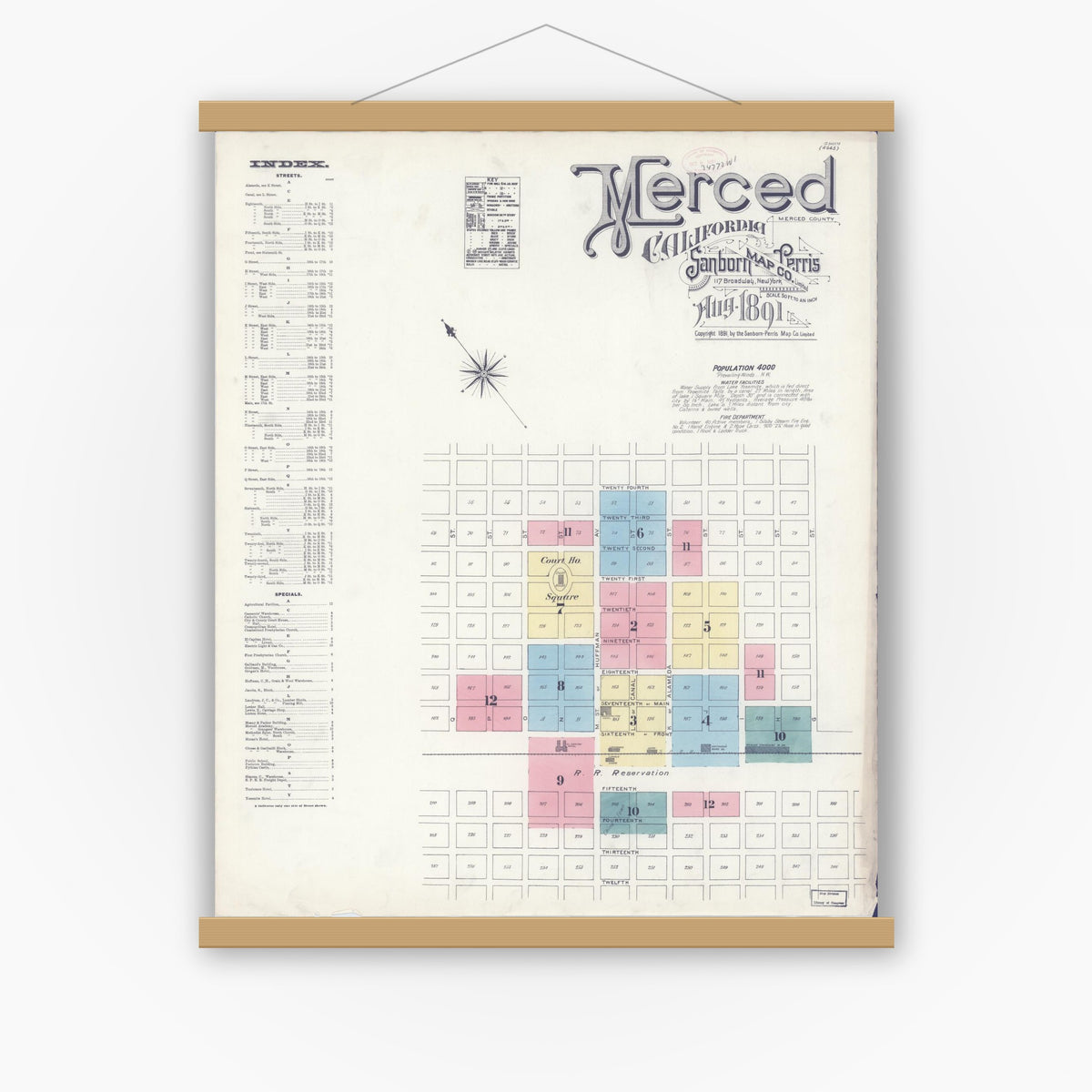 Old map wall art mockup — magnetic wood frame on white wall — Sanborn Fire Insurance Map from Merced, Merced County, California (1891), Sheet #0001