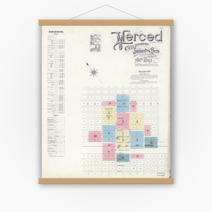 Old map wall art mockup — magnetic wood frame on white wall — Sanborn Fire Insurance Map from Merced, Merced County, California (1891), Sheet #0001
