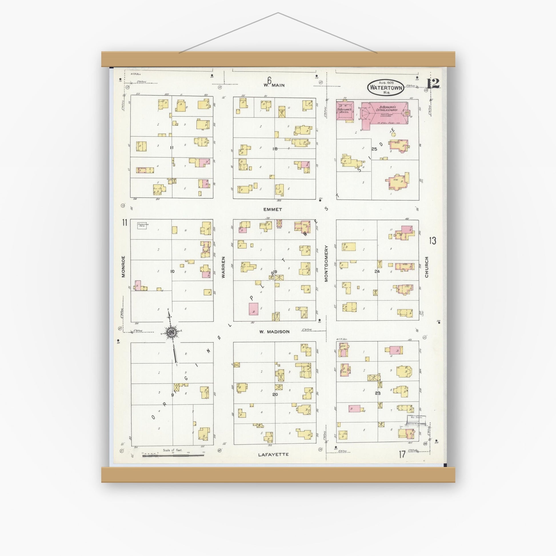 Old map wall art mockup — magnetic wood frame on white wall — Sanborn Fire Insurance Map from Watertown, Jefferson County, Wisconsin (1909), Sheet #0012